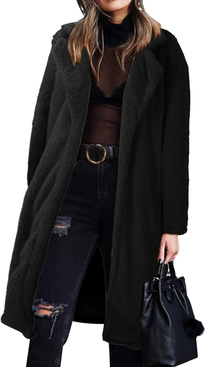 2023 Women Winter Coats Fleece Long Windbreaker Warm Fuzzy Overcoats Trendy Lapel Jackets Plus Size Casual Outwear