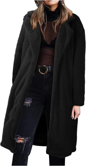 2023 Women Winter Coats Fleece Long Windbreaker Warm Fuzzy Overcoats Trendy Lapel Jackets Plus Size Casual Outwear