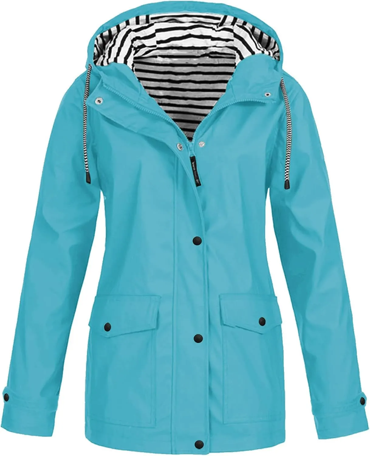 2023 Womens Fashion Hooded Rain Jacket Lightweight Trench Coat Long Sleeve Windbreaker Zip Up Drawstring Raincoat Pockets