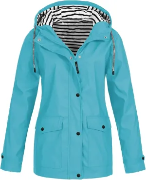 2023 Womens Fashion Hooded Rain Jacket Lightweight Trench Coat Long Sleeve Windbreaker Zip Up Drawstring Raincoat Pockets
