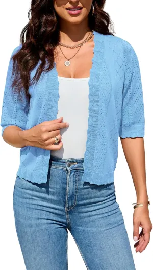 2024 Cropped Cardigans for Women 3/4 Sleeve V Neck Knit Sweaters Short Sleeve Open Front Bolero Shrug