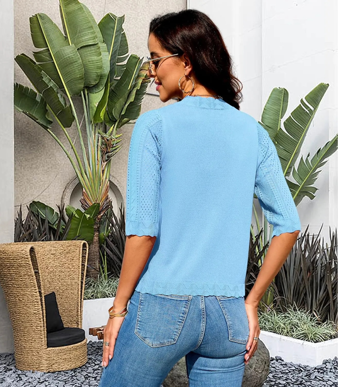 2024 Cropped Cardigans for Women 3/4 Sleeve V Neck Knit Sweaters Short Sleeve Open Front Bolero Shrug