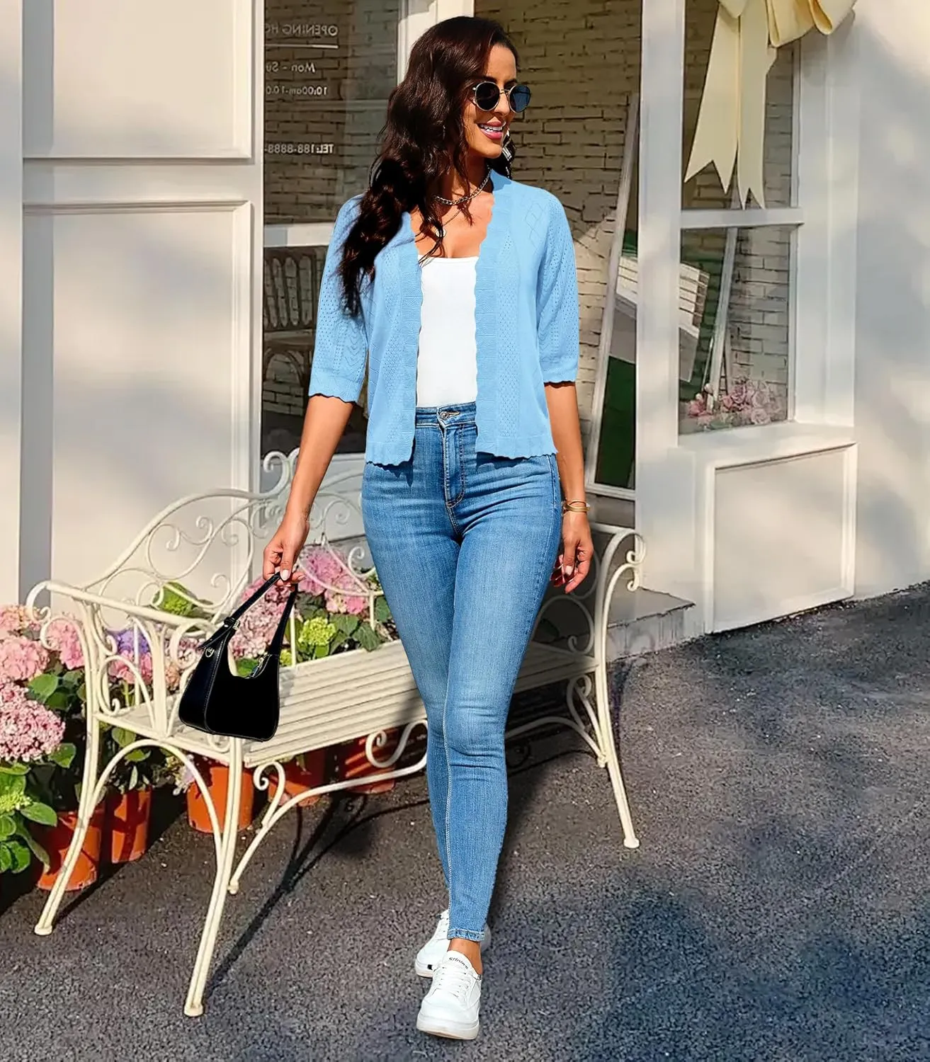 2024 Cropped Cardigans for Women 3/4 Sleeve V Neck Knit Sweaters Short Sleeve Open Front Bolero Shrug