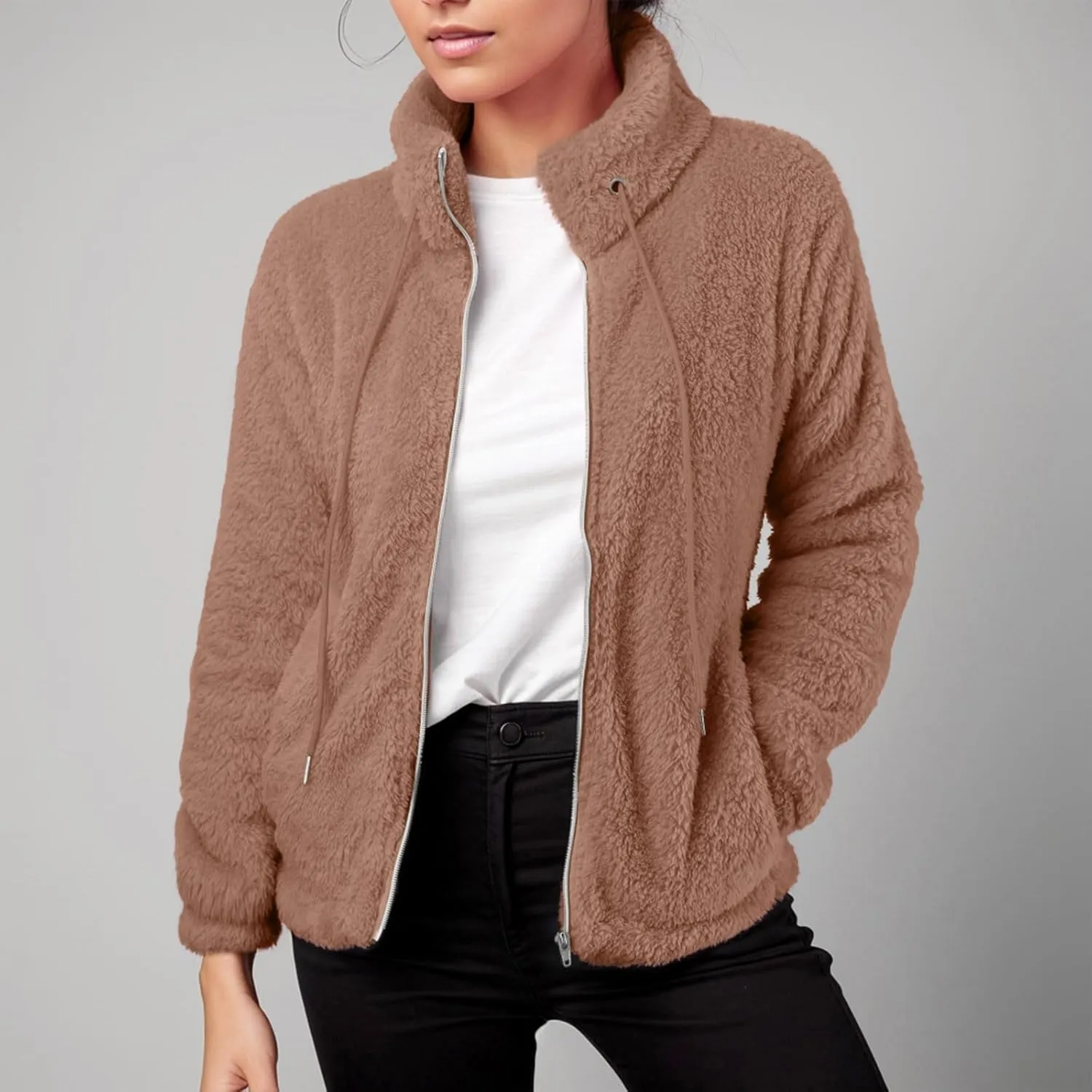 2024 Womens Fleece Jackets Winter Casual Fuzzy Coats Warm Plush Zipper Sweatshirt Dressy Loose Plus Size Outwear Trench Coat