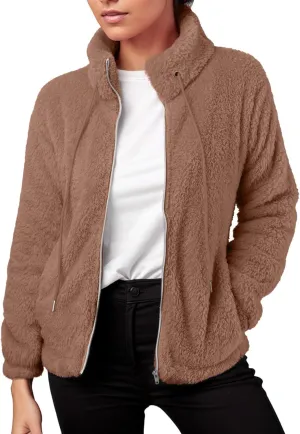 2024 Womens Fleece Jackets Winter Casual Fuzzy Coats Warm Plush Zipper Sweatshirt Dressy Loose Plus Size Outwear Trench Coat