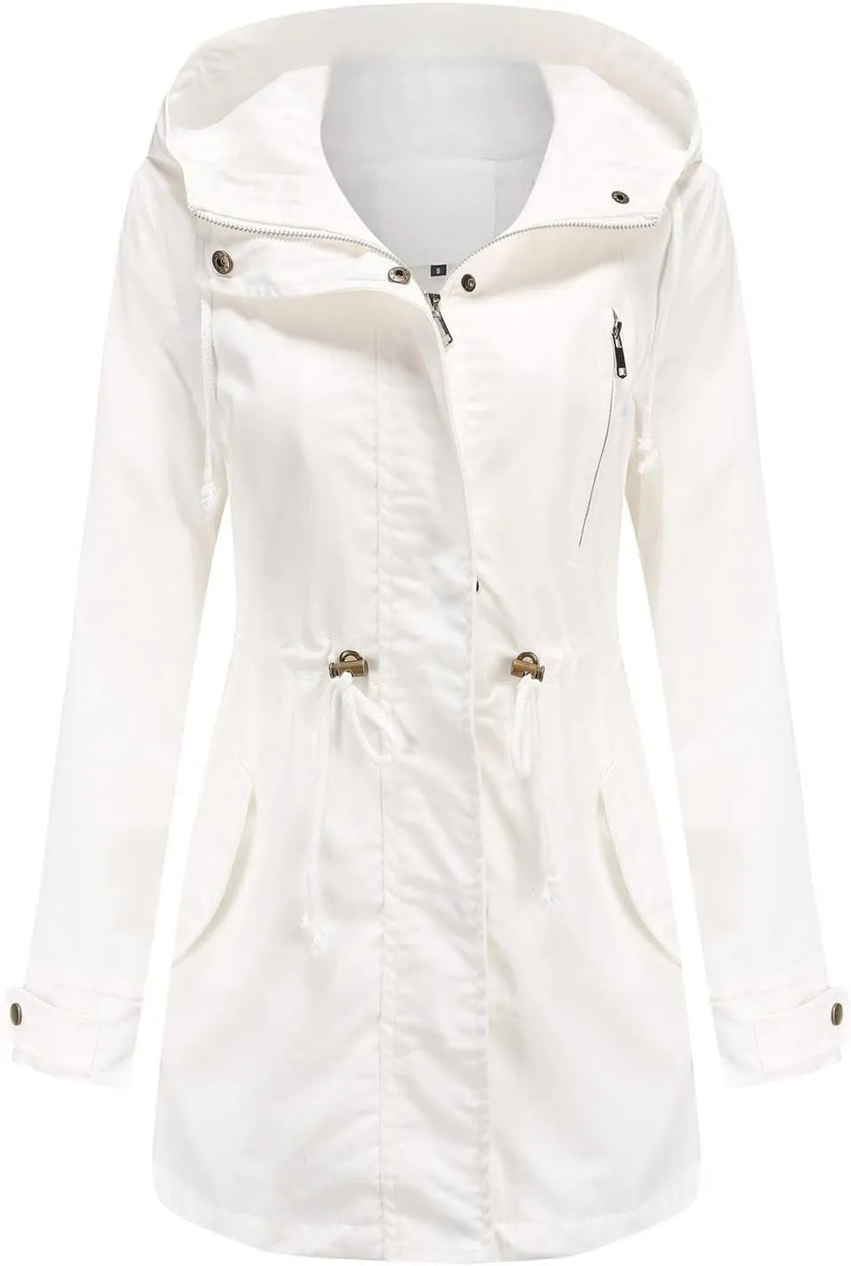 2024 Womens Hooded Trench Coat Casual Long Sleeve Drawstring Windbreaker Loose Zip Up Overcoat Outdoor Sport Outwear