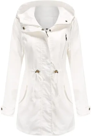 2024 Womens Hooded Trench Coat Casual Long Sleeve Drawstring Windbreaker Loose Zip Up Overcoat Outdoor Sport Outwear