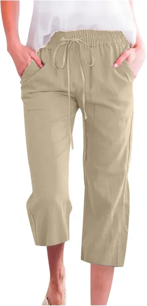 2025 Capri Pants for Women Drawstring High Elastic Linen Cropped Pant Solid Casual Pocket Straight Wide Leg Trouser