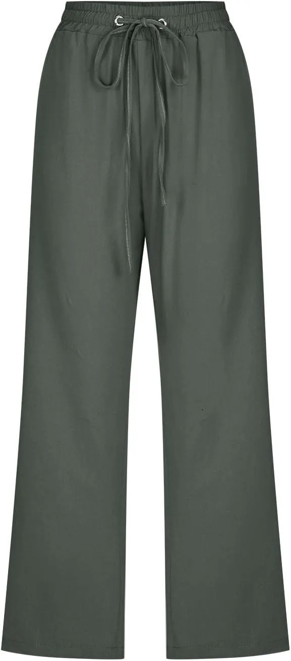 2025 Capri Pants for Women Drawstring High Elastic Linen Cropped Pant Solid Casual Pocket Straight Wide Leg Trouser