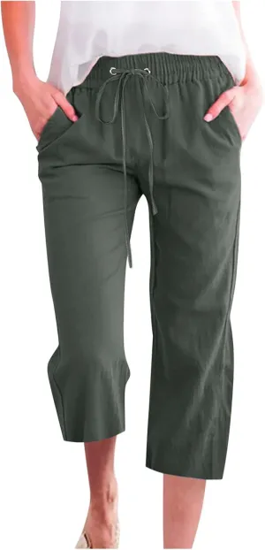2025 Capri Pants for Women Drawstring High Elastic Linen Cropped Pant Solid Casual Pocket Straight Wide Leg Trouser