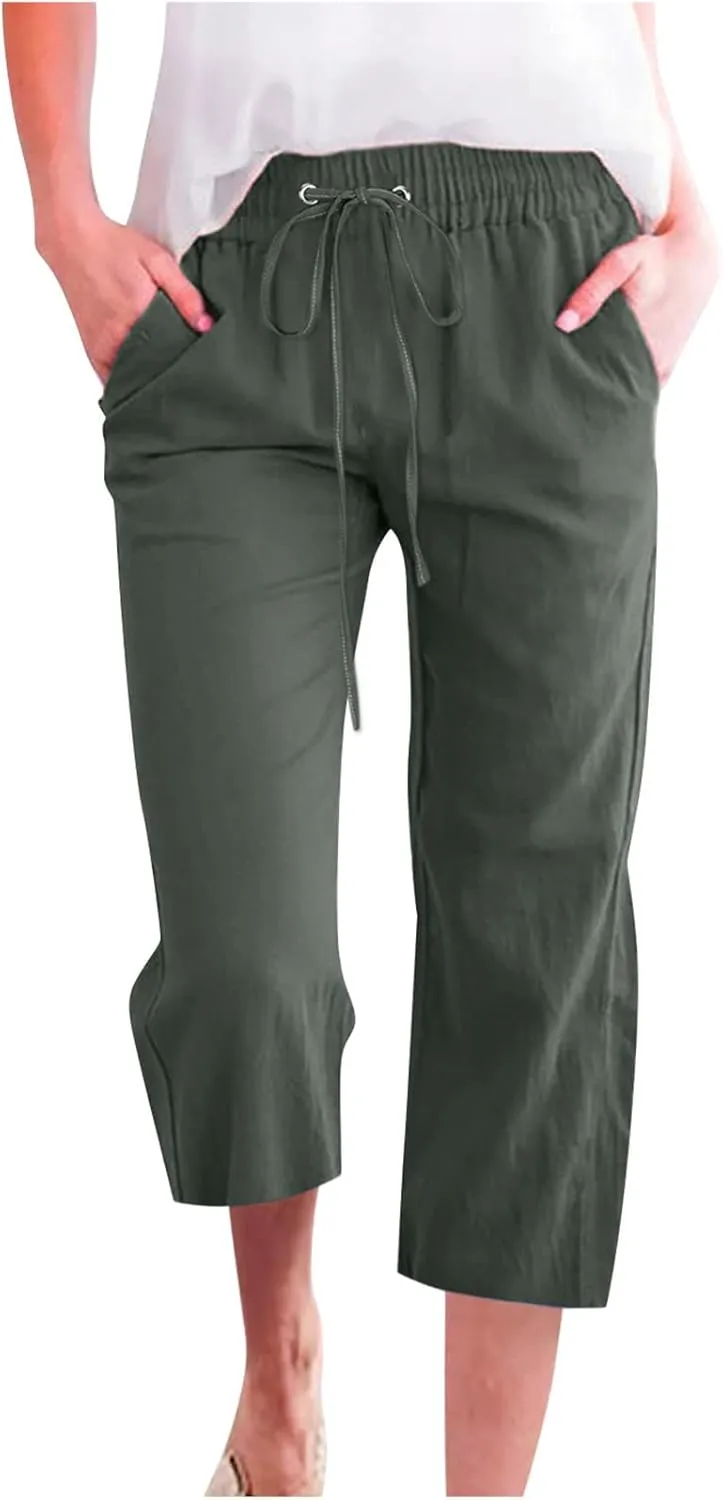 2025 Capri Pants for Women Drawstring High Elastic Linen Cropped Pant Solid Casual Pocket Straight Wide Leg Trouser