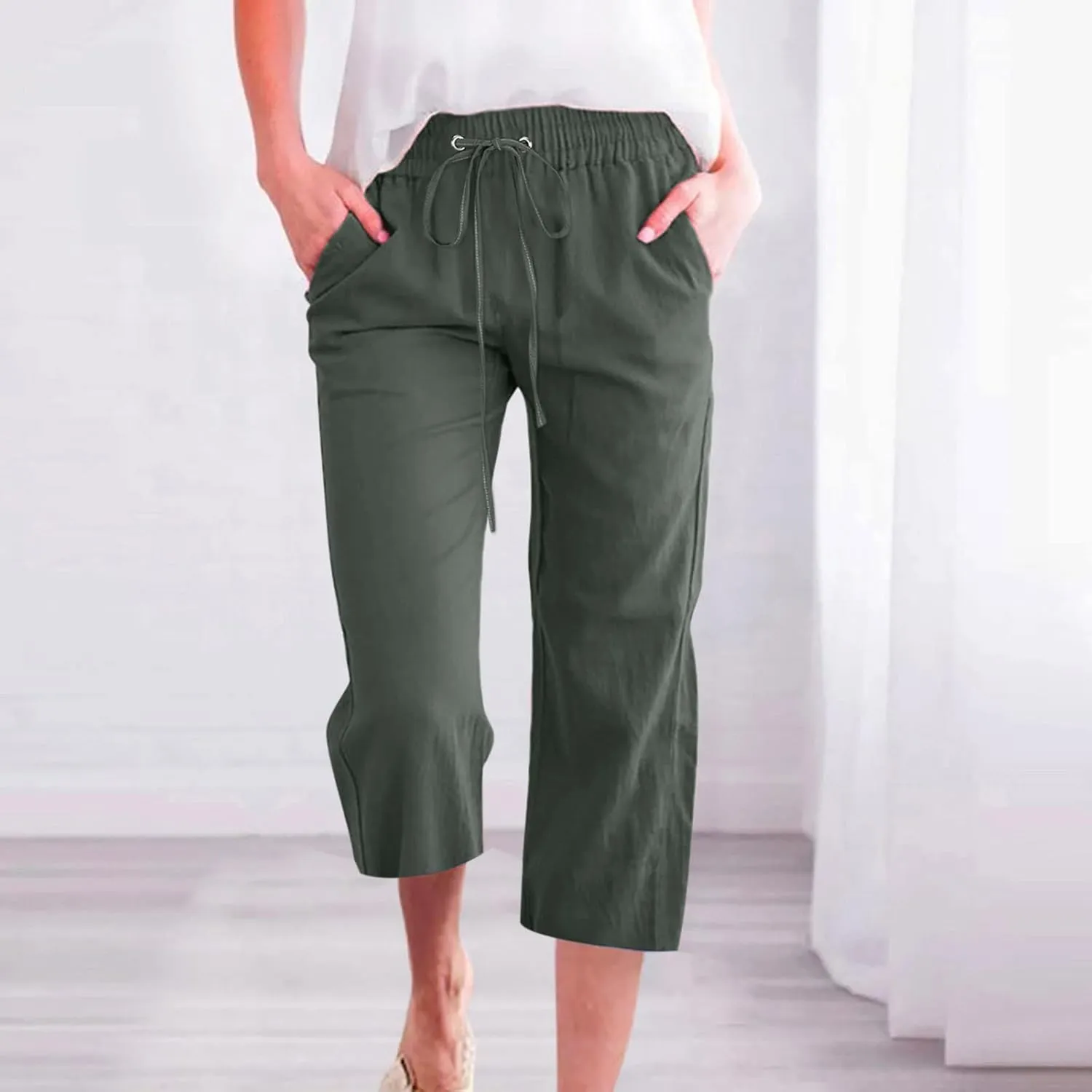 2025 Capri Pants for Women Drawstring High Elastic Linen Cropped Pant Solid Casual Pocket Straight Wide Leg Trouser
