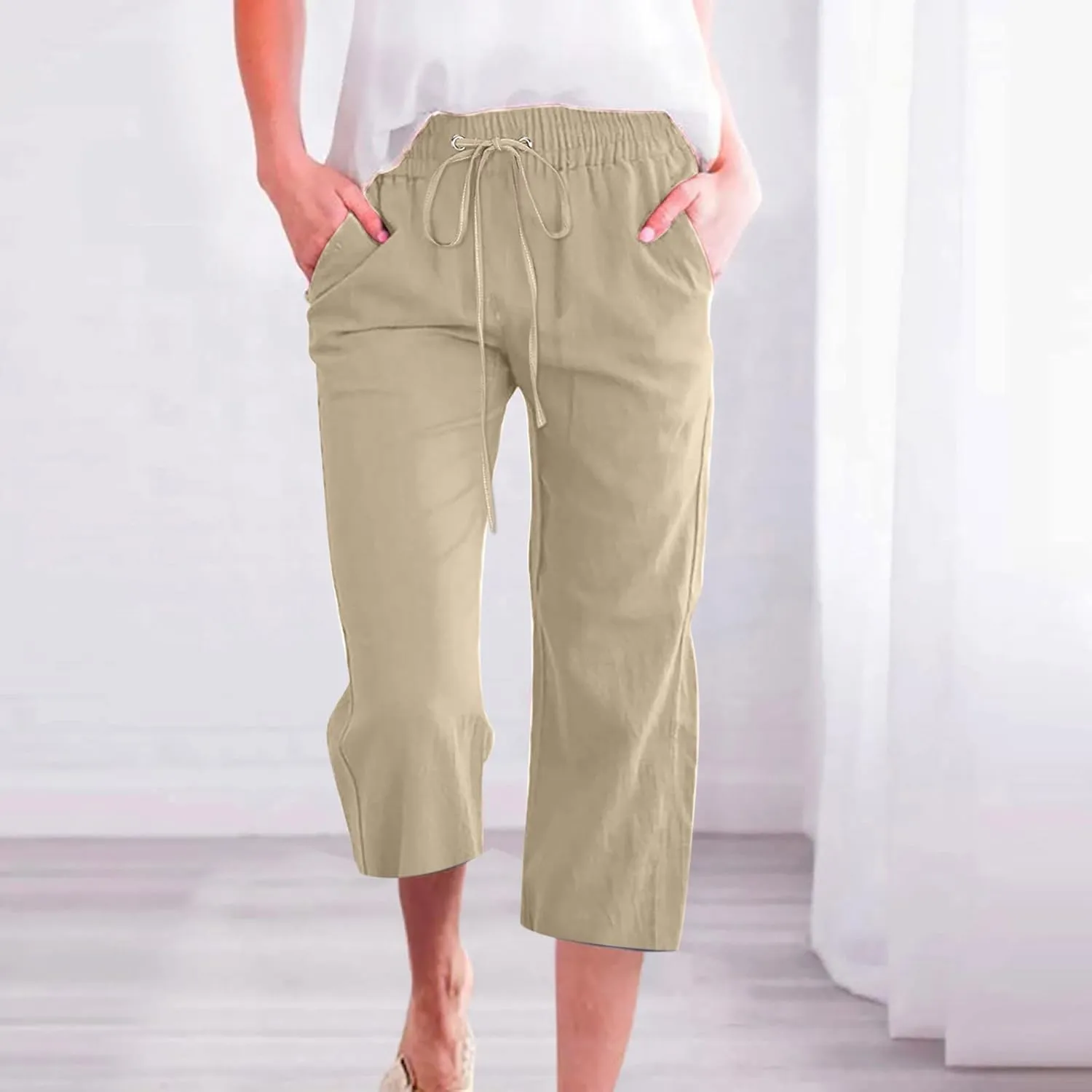 2025 Capri Pants for Women Drawstring High Elastic Linen Cropped Pant Solid Casual Pocket Straight Wide Leg Trouser