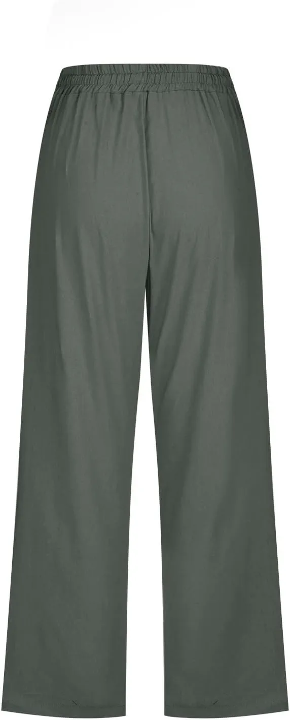 2025 Capri Pants for Women Drawstring High Elastic Linen Cropped Pant Solid Casual Pocket Straight Wide Leg Trouser