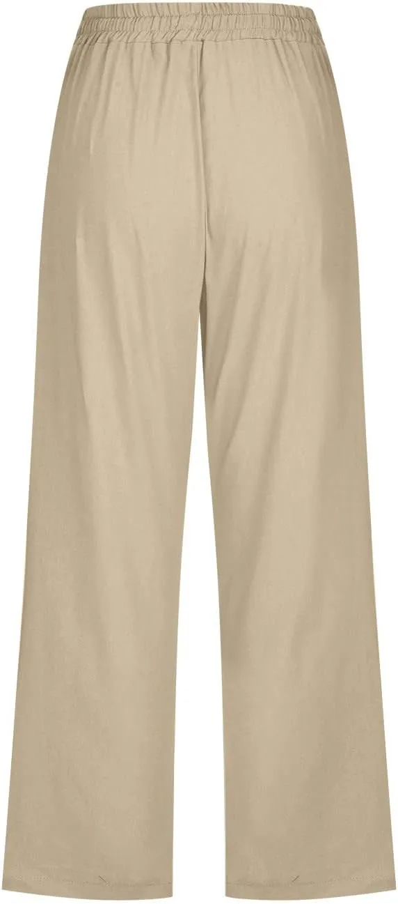 2025 Capri Pants for Women Drawstring High Elastic Linen Cropped Pant Solid Casual Pocket Straight Wide Leg Trouser