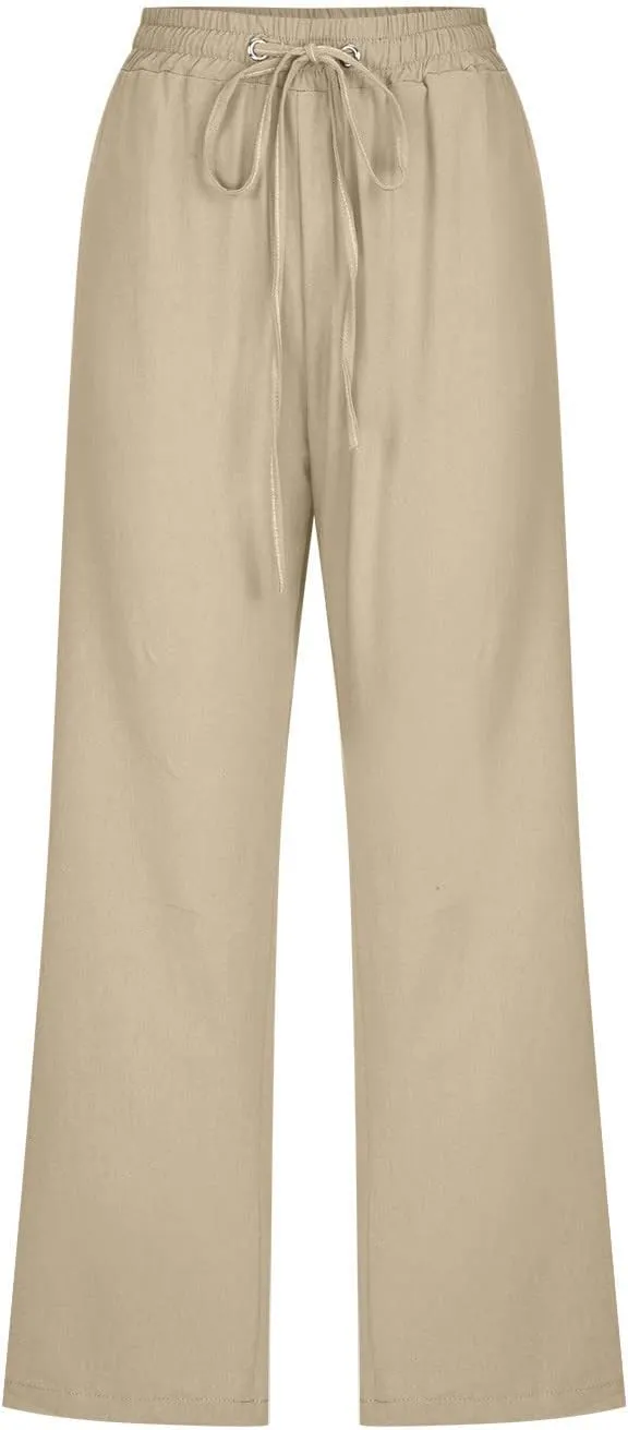 2025 Capri Pants for Women Drawstring High Elastic Linen Cropped Pant Solid Casual Pocket Straight Wide Leg Trouser