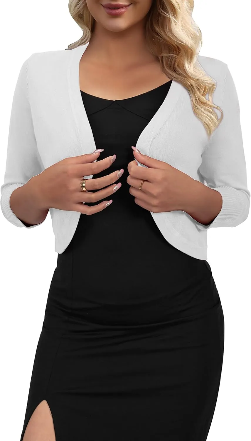 AAMILIFE Women's 3/4 Sleeve Cropped Cardigans Sweater Open Front Short Shrugs