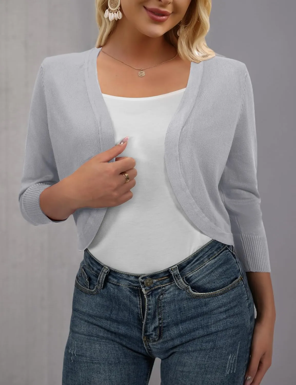 AAMILIFE Women's 3/4 Sleeve Cropped Cardigans Sweater Open Front Short Shrugs