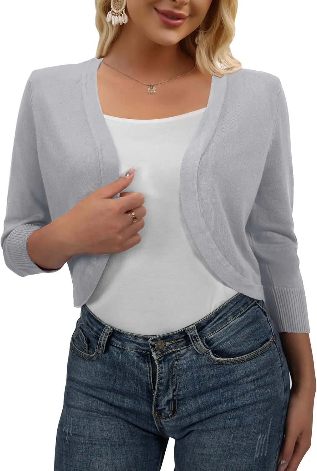 AAMILIFE Women's 3/4 Sleeve Cropped Cardigans Sweater Open Front Short Shrugs