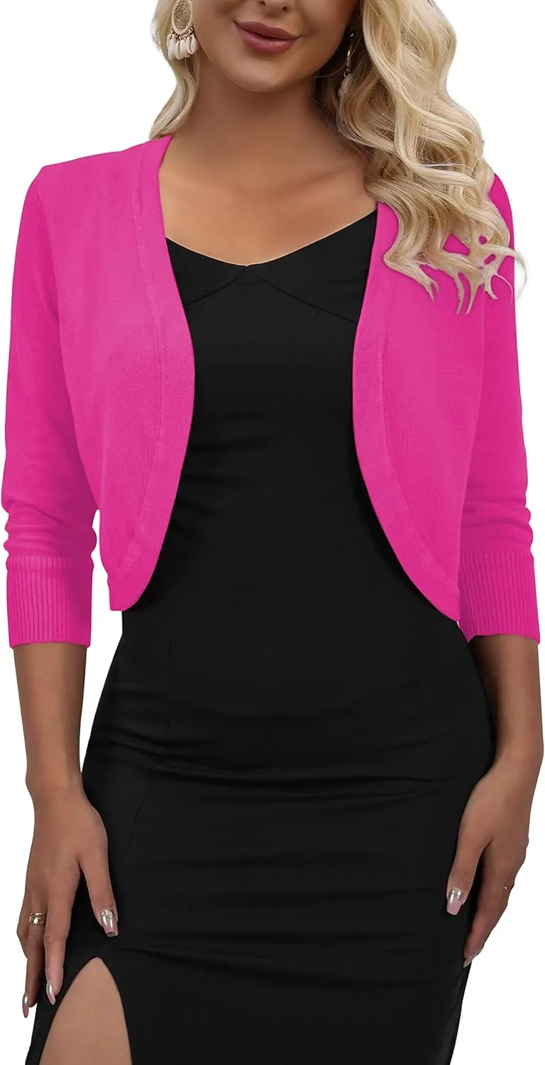 AAMILIFE Women's 3/4 Sleeve Cropped Cardigans Sweater Open Front Short Shrugs