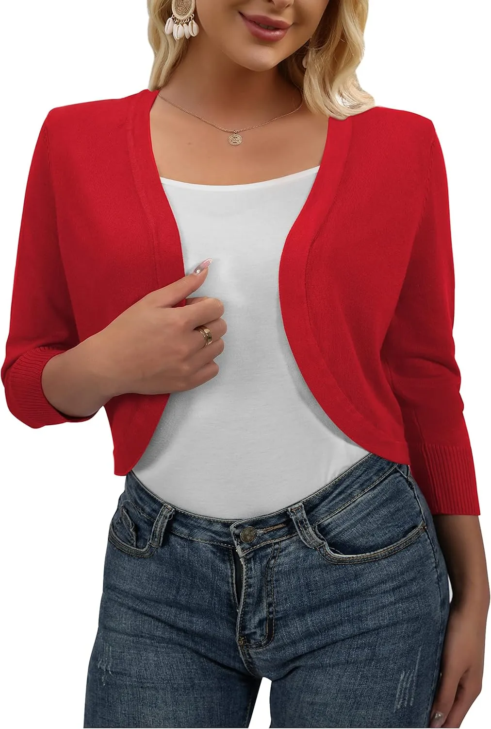 AAMILIFE Women's 3/4 Sleeve Cropped Cardigans Sweater Open Front Short Shrugs