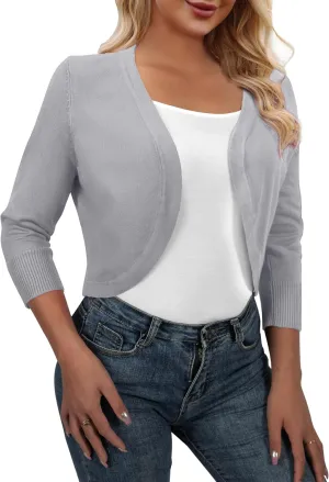 AAMILIFE Women's 3/4 Sleeve Cropped Cardigans Sweater Open Front Short Shrugs