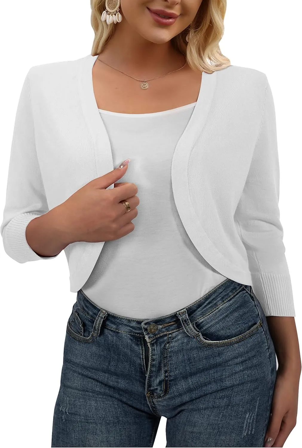 AAMILIFE Women's 3/4 Sleeve Cropped Cardigans Sweater Open Front Short Shrugs