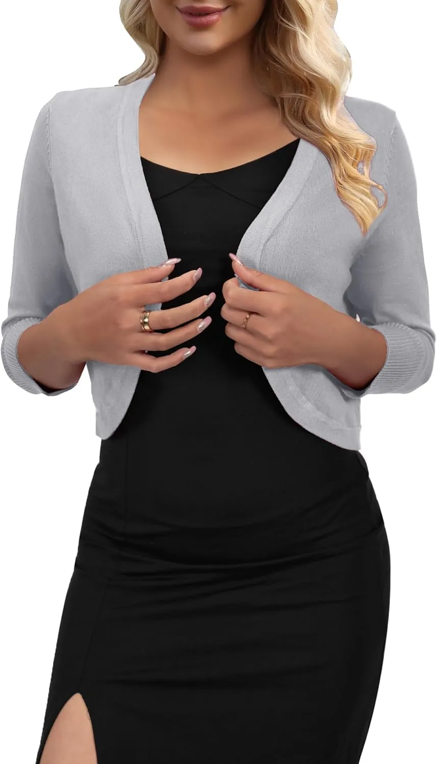 AAMILIFE Women's 3/4 Sleeve Cropped Cardigans Sweater Open Front Short Shrugs