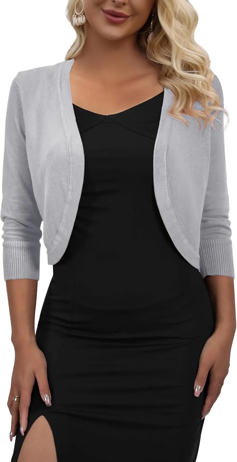 AAMILIFE Women's 3/4 Sleeve Cropped Cardigans Sweater Open Front Short Shrugs
