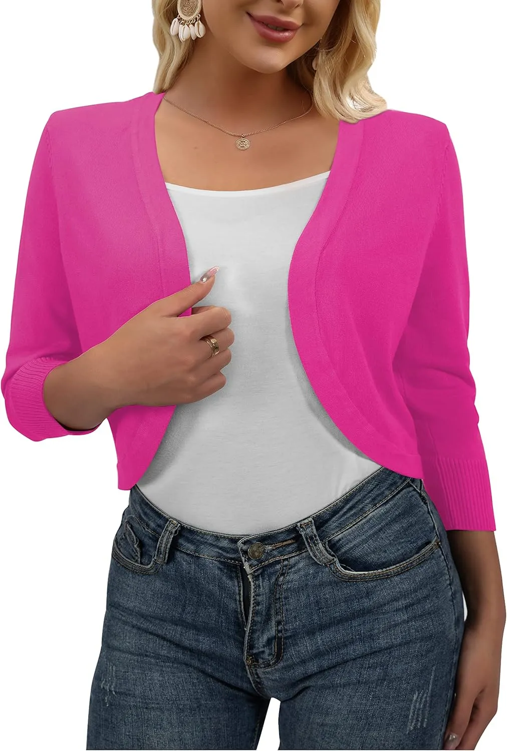 AAMILIFE Women's 3/4 Sleeve Cropped Cardigans Sweater Open Front Short Shrugs
