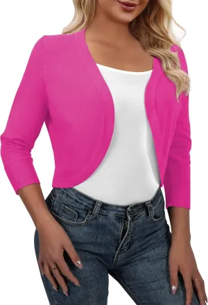 AAMILIFE Women's 3/4 Sleeve Cropped Cardigans Sweater Open Front Short Shrugs