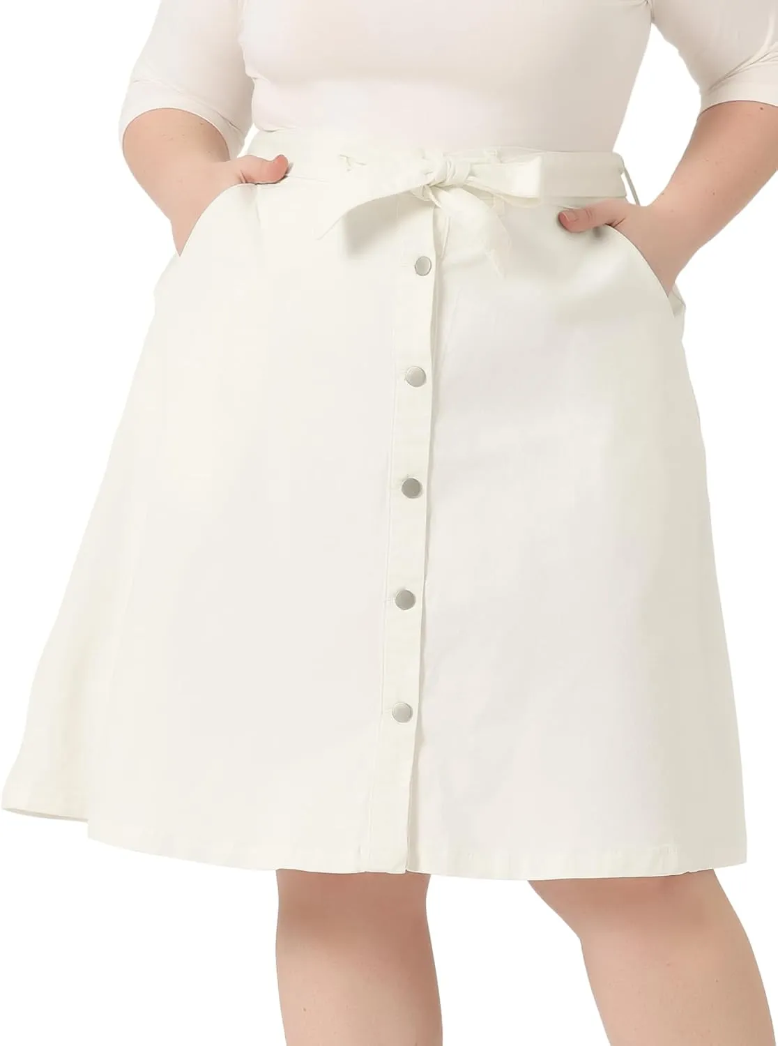 Agnes Orinda Plus Size Women's Denim Skirts Tie Waist A-Line with Pockets Midi Summer Jeans Skirts