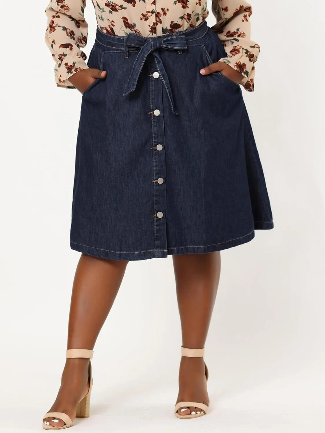 Agnes Orinda Plus Size Women's Denim Skirts Tie Waist A-Line with Pockets Midi Summer Jeans Skirts