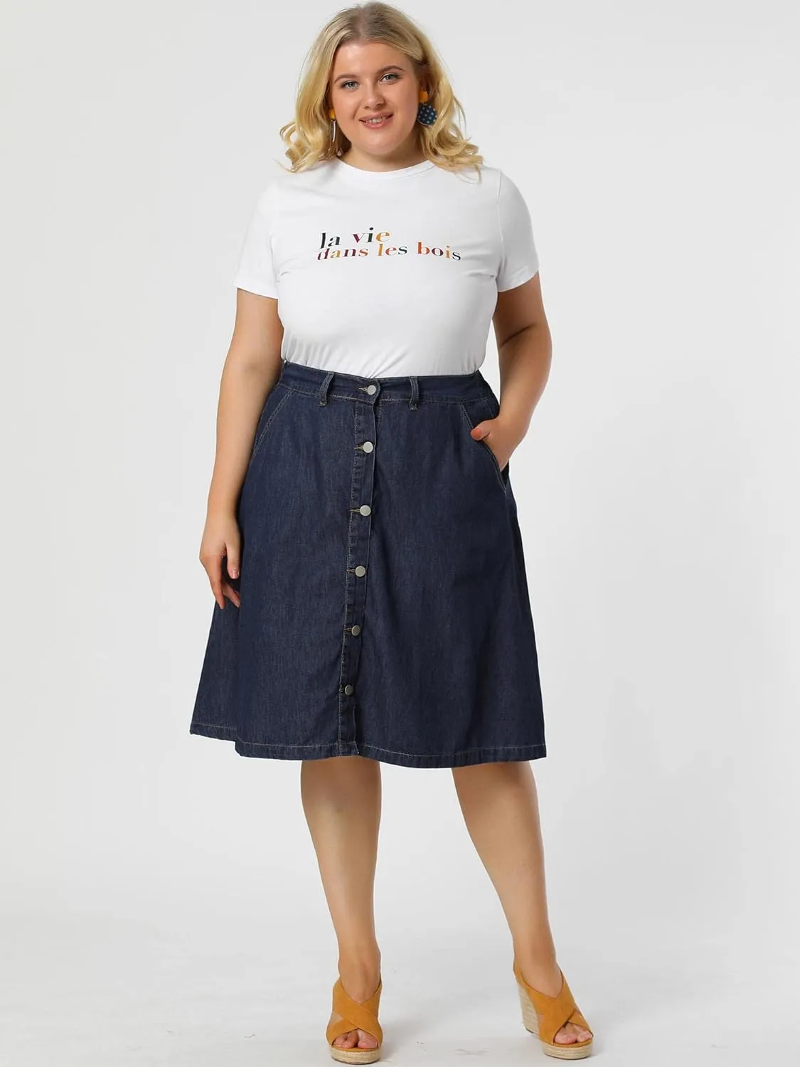 Agnes Orinda Plus Size Women's Denim Skirts Tie Waist A-Line with Pockets Midi Summer Jeans Skirts