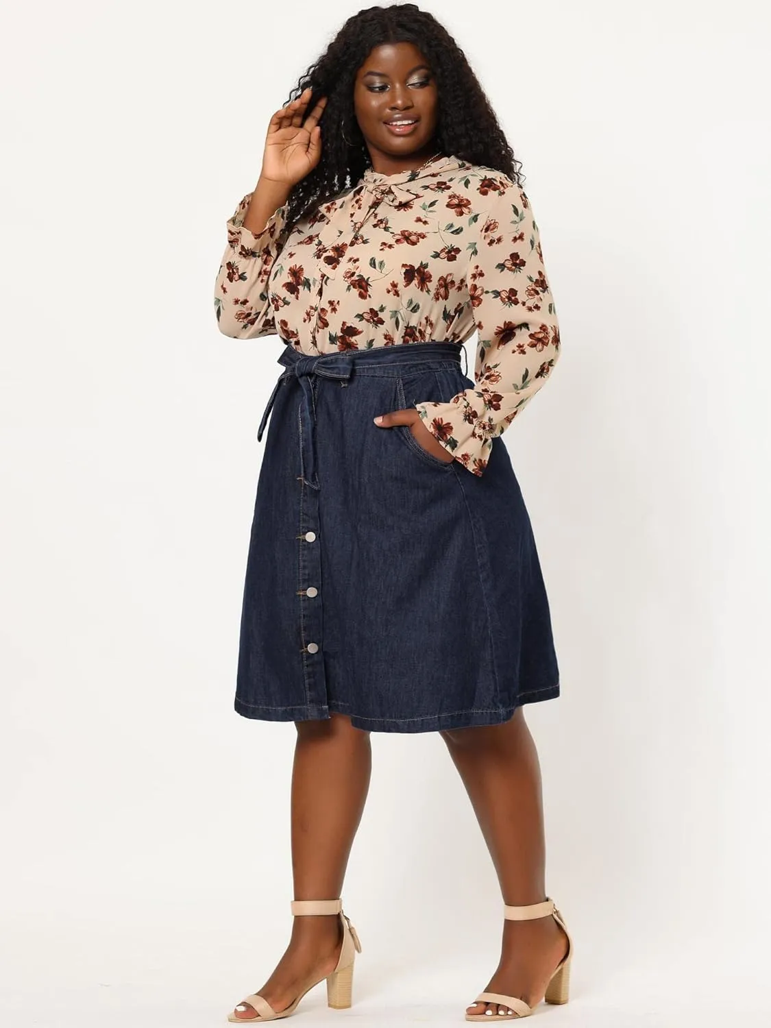 Agnes Orinda Plus Size Women's Denim Skirts Tie Waist A-Line with Pockets Midi Summer Jeans Skirts