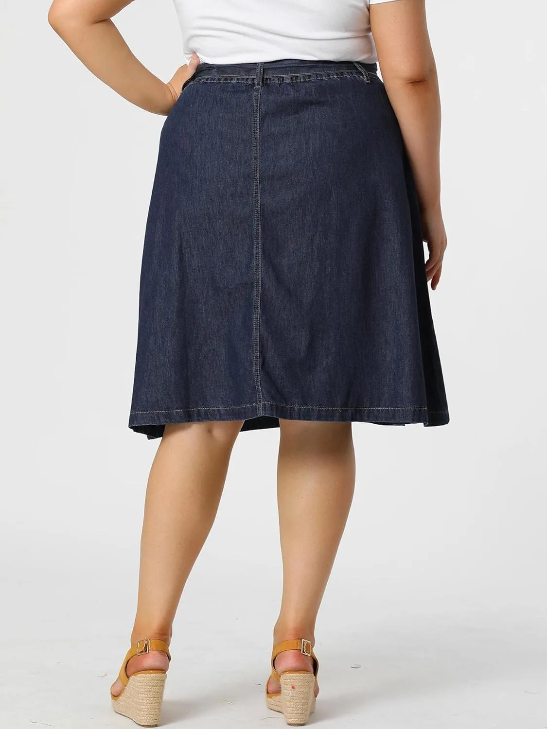 Agnes Orinda Plus Size Women's Denim Skirts Tie Waist A-Line with Pockets Midi Summer Jeans Skirts