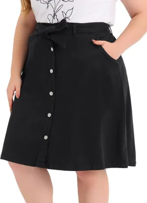 Agnes Orinda Plus Size Women's Denim Skirts Tie Waist A-Line with Pockets Midi Summer Jeans Skirts