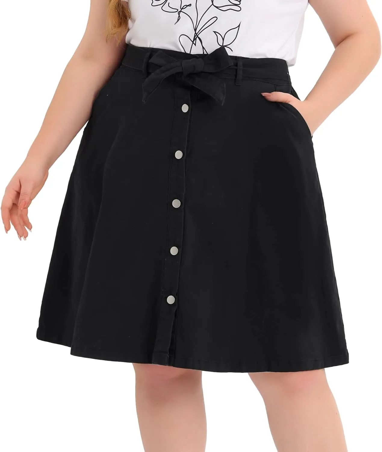 Agnes Orinda Plus Size Women's Denim Skirts Tie Waist A-Line with Pockets Midi Summer Jeans Skirts