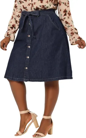 Agnes Orinda Plus Size Women's Denim Skirts Tie Waist A-Line with Pockets Midi Summer Jeans Skirts
