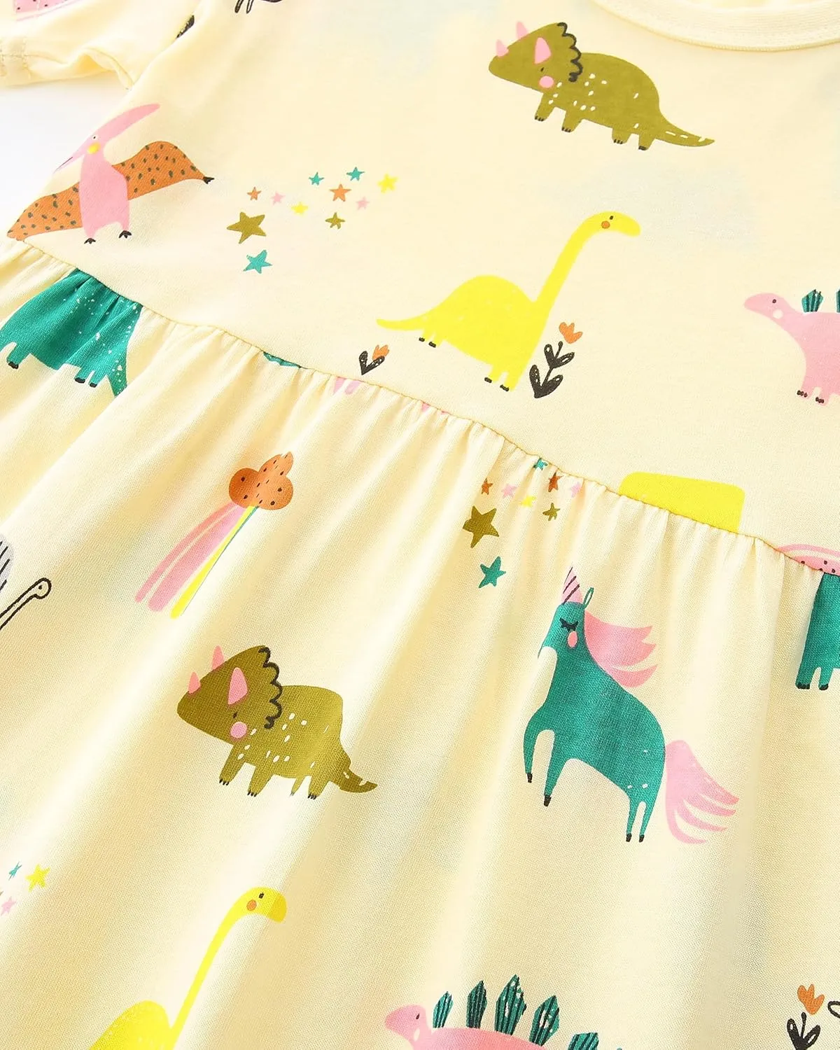 AIWUHE Toddler Girls Dress Cotton Casual Short Sleeve Striped Jersey Dresses Summer Cartoon Dinosaurs Appliques Shirt 2-7Y