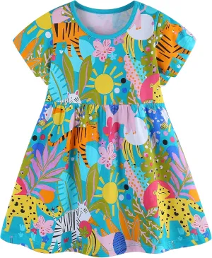 AIWUHE Toddler Girls Dress Cotton Casual Short Sleeve Striped Jersey Dresses Summer Cartoon Dinosaurs Appliques Shirt 2-7Y
