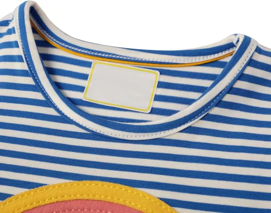 AIWUHE Toddler Girls Dress Cotton Casual Short Sleeve Striped Jersey Dresses Summer Cartoon Dinosaurs Appliques Shirt 2-7Y