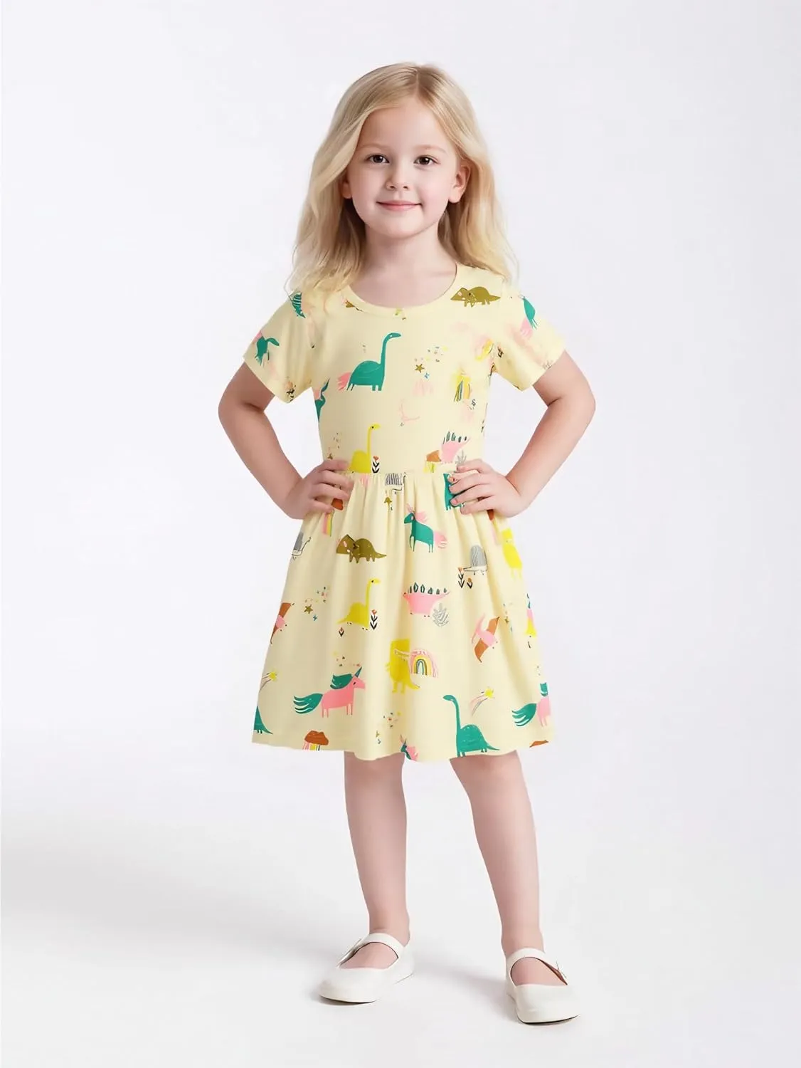 AIWUHE Toddler Girls Dress Cotton Casual Short Sleeve Striped Jersey Dresses Summer Cartoon Dinosaurs Appliques Shirt 2-7Y