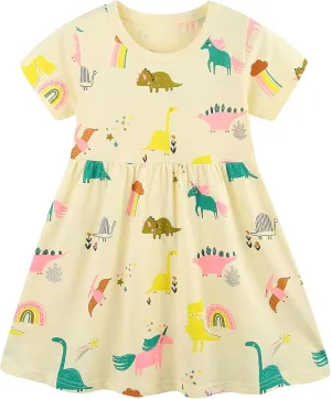 AIWUHE Toddler Girls Dress Cotton Casual Short Sleeve Striped Jersey Dresses Summer Cartoon Dinosaurs Appliques Shirt 2-7Y