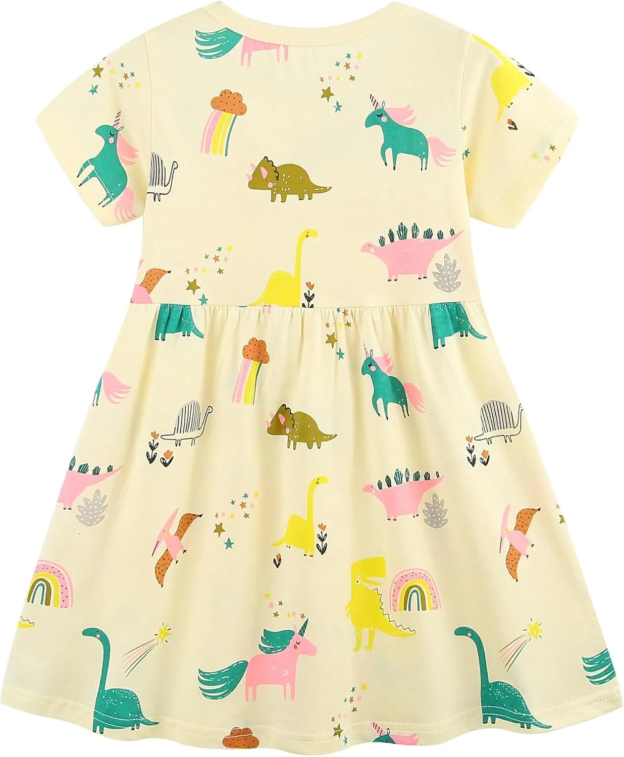 AIWUHE Toddler Girls Dress Cotton Casual Short Sleeve Striped Jersey Dresses Summer Cartoon Dinosaurs Appliques Shirt 2-7Y