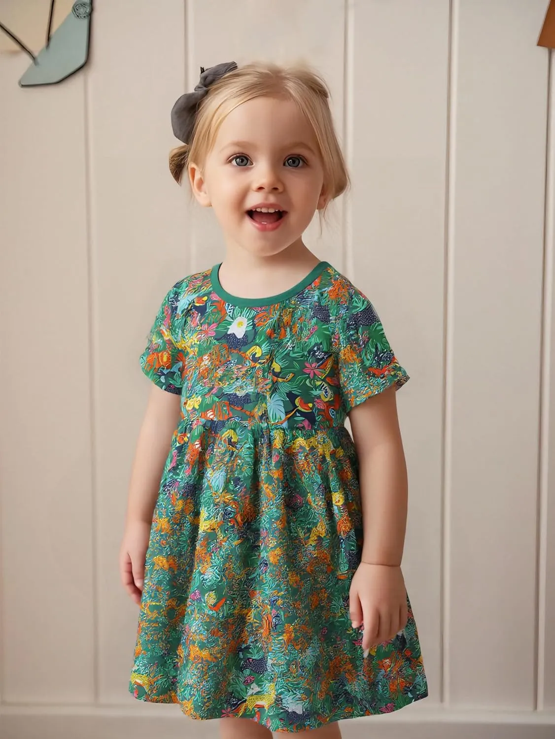 AIWUHE Toddler Girls Dress Cotton Casual Short Sleeve Striped Jersey Dresses Summer Cartoon Dinosaurs Appliques Shirt 2-7Y