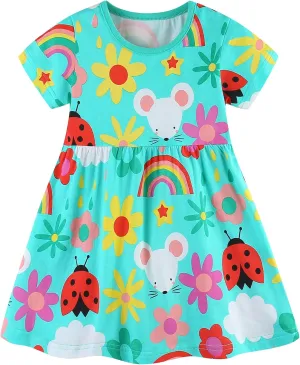 AIWUHE Toddler Girls Dress Cotton Casual Short Sleeve Striped Jersey Dresses Summer Cartoon Dinosaurs Appliques Shirt 2-7Y
