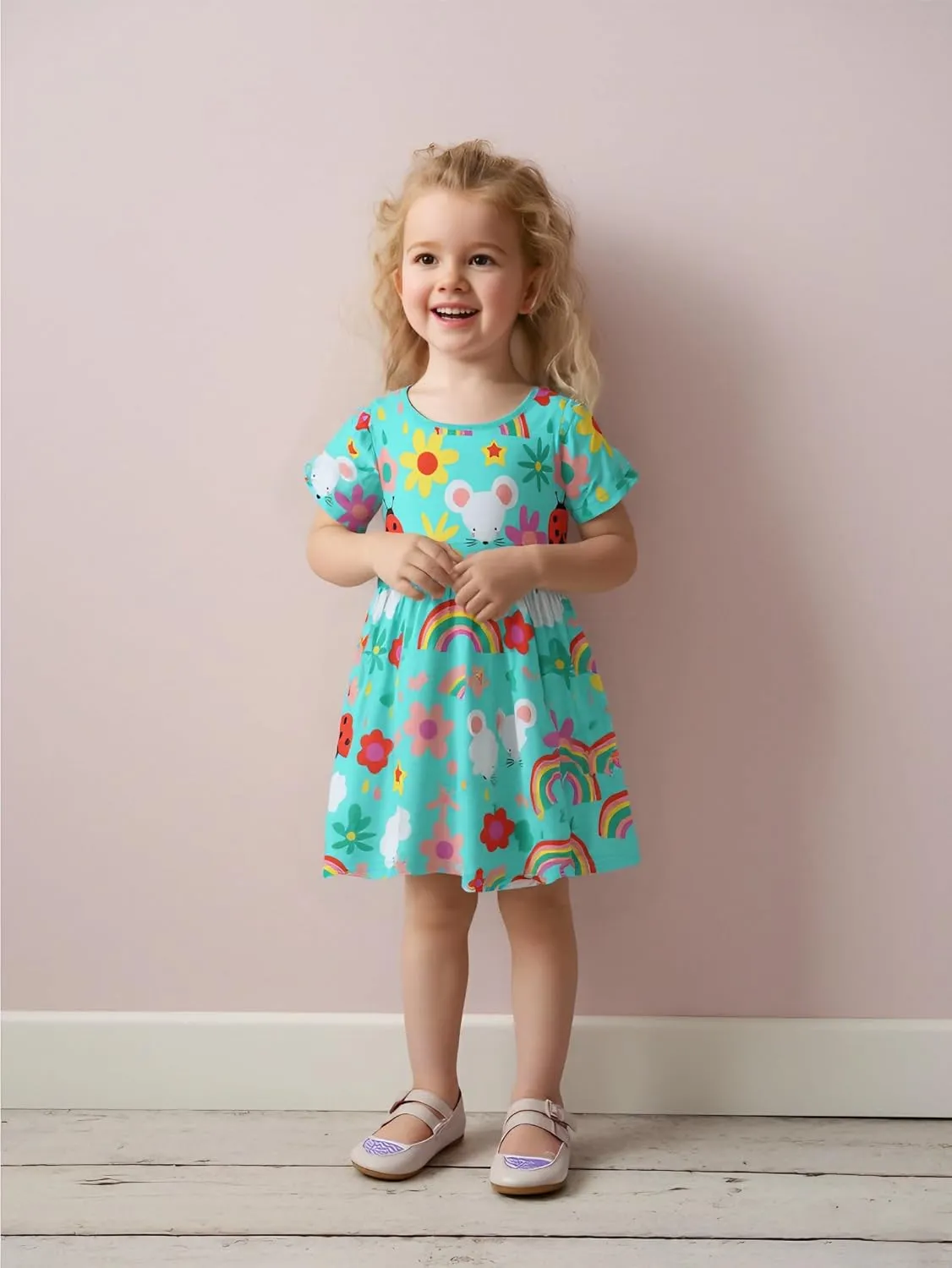 AIWUHE Toddler Girls Dress Cotton Casual Short Sleeve Striped Jersey Dresses Summer Cartoon Dinosaurs Appliques Shirt 2-7Y