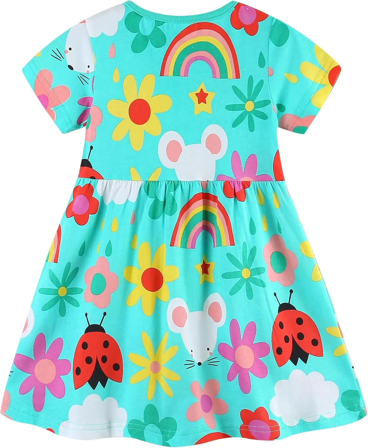 AIWUHE Toddler Girls Dress Cotton Casual Short Sleeve Striped Jersey Dresses Summer Cartoon Dinosaurs Appliques Shirt 2-7Y