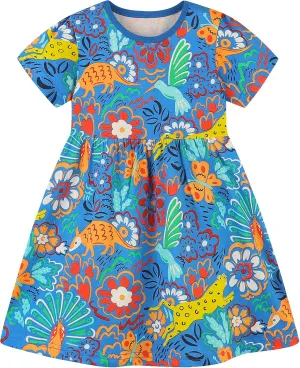 AIWUHE Toddler Girls Dress Cotton Casual Short Sleeve Striped Jersey Dresses Summer Cartoon Dinosaurs Appliques Shirt 2-7Y